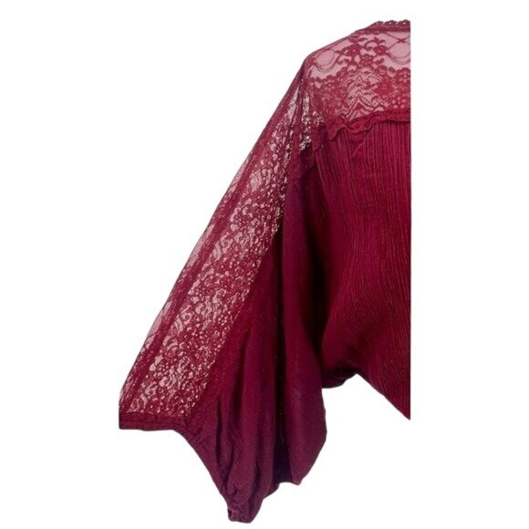 RARE Vintage Free People Burgundy Red Lace Trim Cinched Waist Boho Crepe Top - Picture 5 of 16